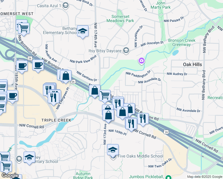 map of restaurants, bars, coffee shops, grocery stores, and more near 2529 Northwest Rogue Valley Terrace in Beaverton