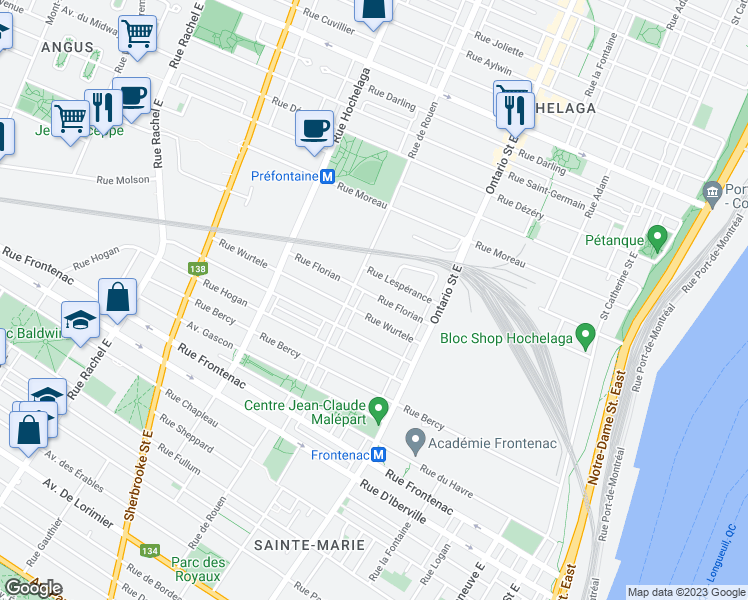 map of restaurants, bars, coffee shops, grocery stores, and more near 2178 Rue Florian in Montréal