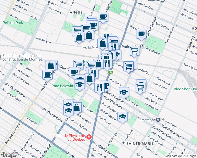 map of restaurants, bars, coffee shops, grocery stores, and more near 3455 Avenue Gascon in Montréal
