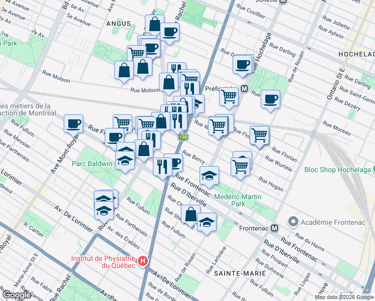 map of restaurants, bars, coffee shops, grocery stores, and more near 2645 Rue Bercy in Montréal