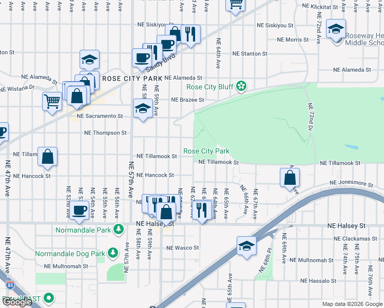 map of restaurants, bars, coffee shops, grocery stores, and more near 2115 Northeast 62nd Avenue in Portland