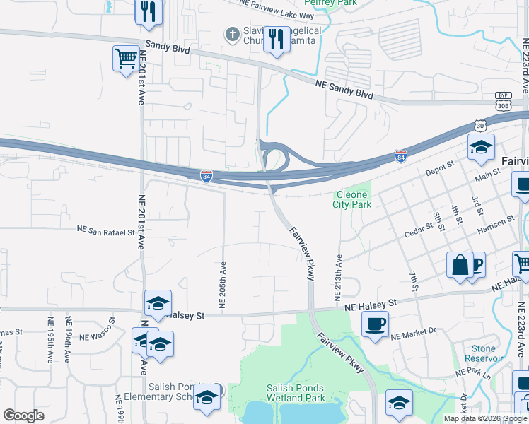 map of restaurants, bars, coffee shops, grocery stores, and more near 20761 Northeast Thompson Terrace in Fairview