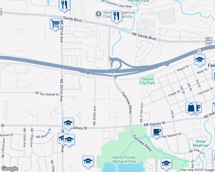 map of restaurants, bars, coffee shops, grocery stores, and more near 20671 Northeast Thompson Terrace in Fairview