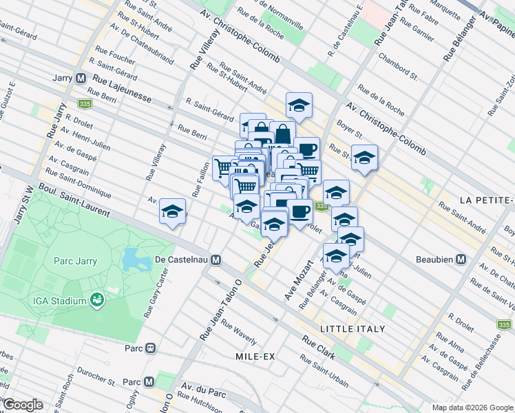 map of restaurants, bars, coffee shops, grocery stores, and more near 7259 Avenue Henri-Julien in Montréal