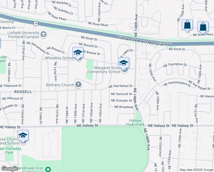 map of restaurants, bars, coffee shops, grocery stores, and more near 14351 Northeast San Rafael Street in Portland