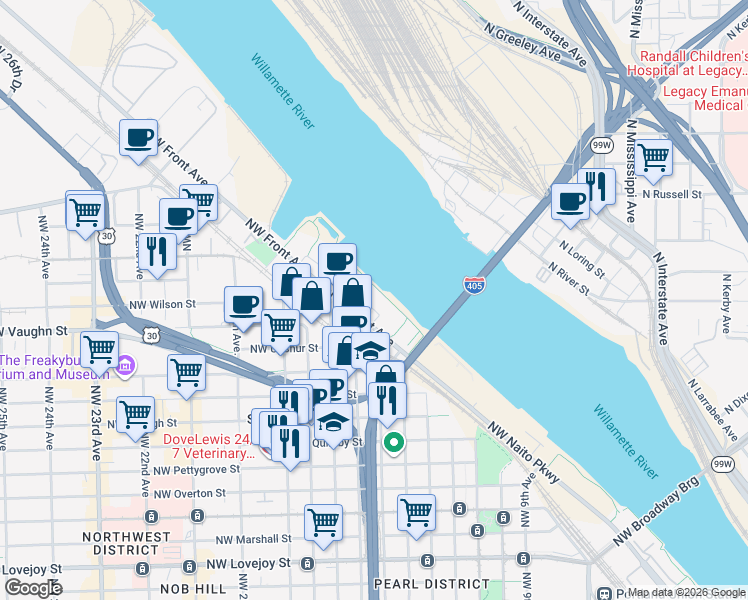 map of restaurants, bars, coffee shops, grocery stores, and more near 1604 Northwest Riverscape Street in Portland
