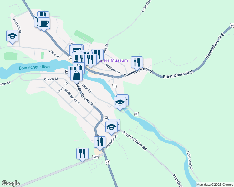 map of restaurants, bars, coffee shops, grocery stores, and more near Mill Street in Eganville