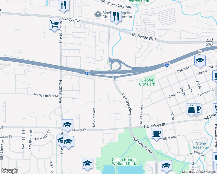 map of restaurants, bars, coffee shops, grocery stores, and more near 20671 Northeast Thompson Terrace in Fairview