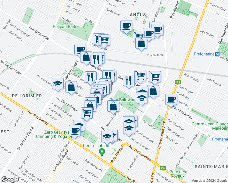 map of restaurants, bars, coffee shops, grocery stores, and more near 2407 Terrasse Guindon in Montréal