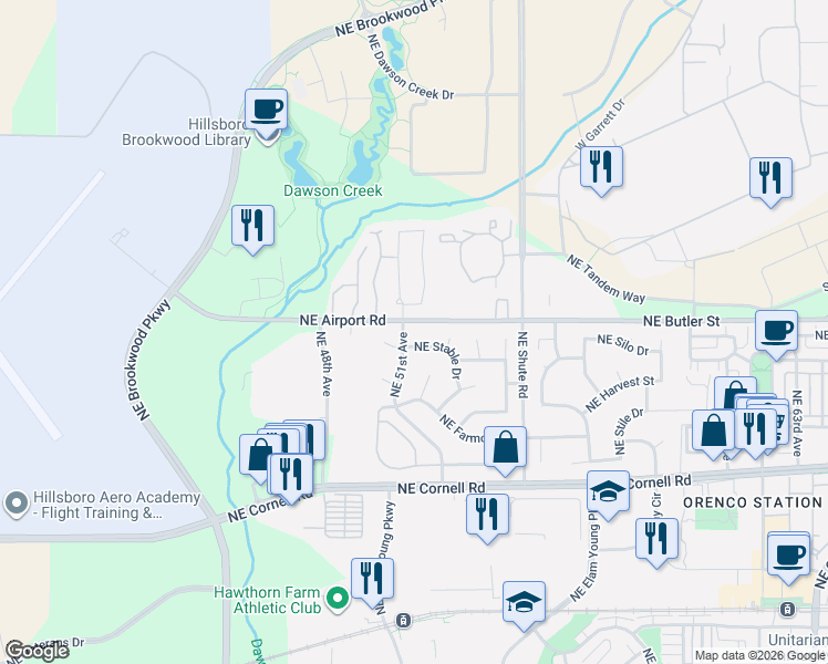 map of restaurants, bars, coffee shops, grocery stores, and more near 5137 Northeast Stable Drive in Hillsboro