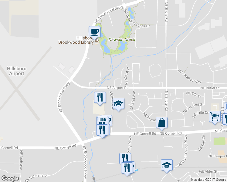 map of restaurants, bars, coffee shops, grocery stores, and more near 4720 Northeast Airport Road in Hillsboro