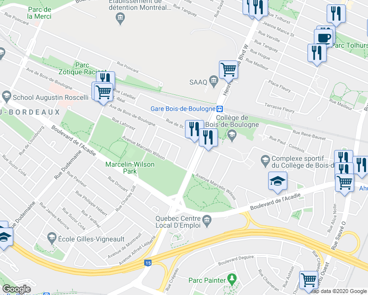 map of restaurants, bars, coffee shops, grocery stores, and more near 10921 Rue Jacques Bizard in Montréal