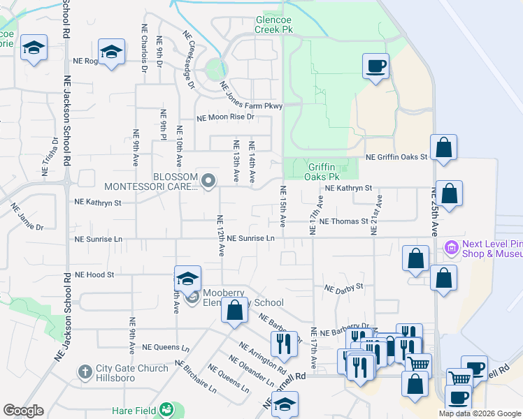 map of restaurants, bars, coffee shops, grocery stores, and more near 1380 Northeast Birkshire Court in Hillsboro