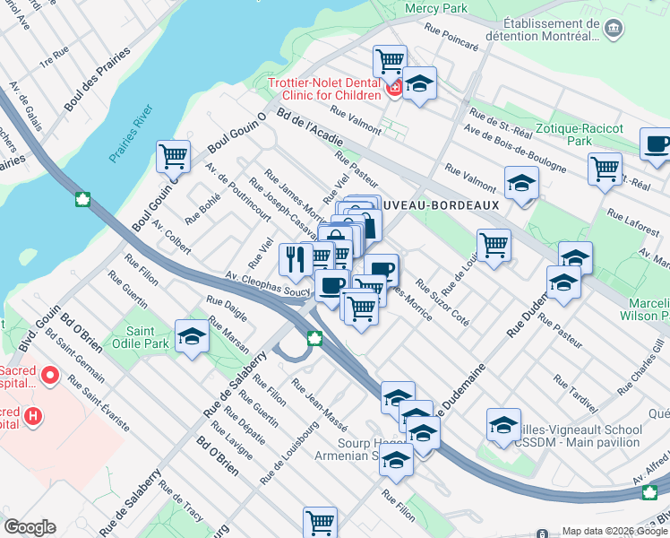 map of restaurants, bars, coffee shops, grocery stores, and more near 12025 Avenue de Poutrincourt in Montréal