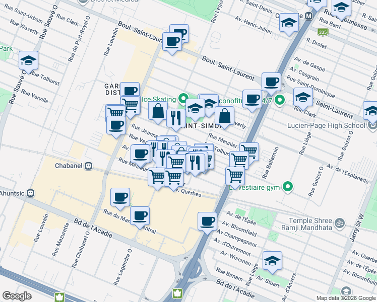 map of restaurants, bars, coffee shops, grocery stores, and more near 8968 Rue Jeanne-Mance in Montréal