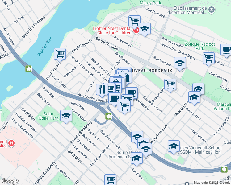 map of restaurants, bars, coffee shops, grocery stores, and more near 12025 Avenue de Poutrincourt in Montréal