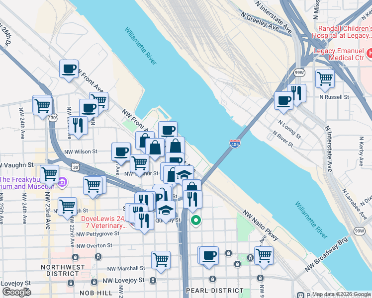 map of restaurants, bars, coffee shops, grocery stores, and more near 1622 Northwest Riverscape Street in Portland