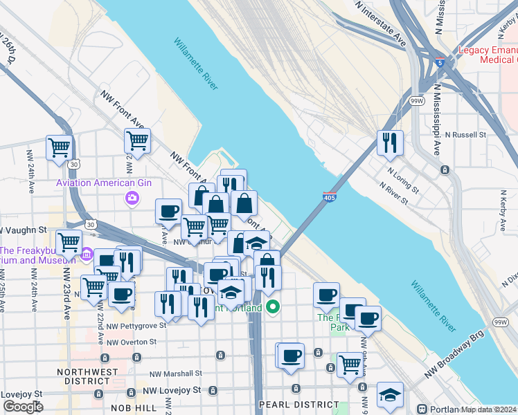 map of restaurants, bars, coffee shops, grocery stores, and more near 1622 Northwest Riverscape Street in Portland