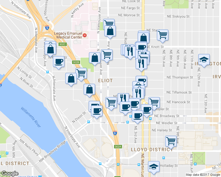 map of restaurants, bars, coffee shops, grocery stores, and more near 14 Northeast Tillamook Street in Portland