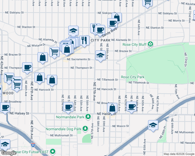 map of restaurants, bars, coffee shops, grocery stores, and more near 5727 Northeast Tillamook Street in Portland