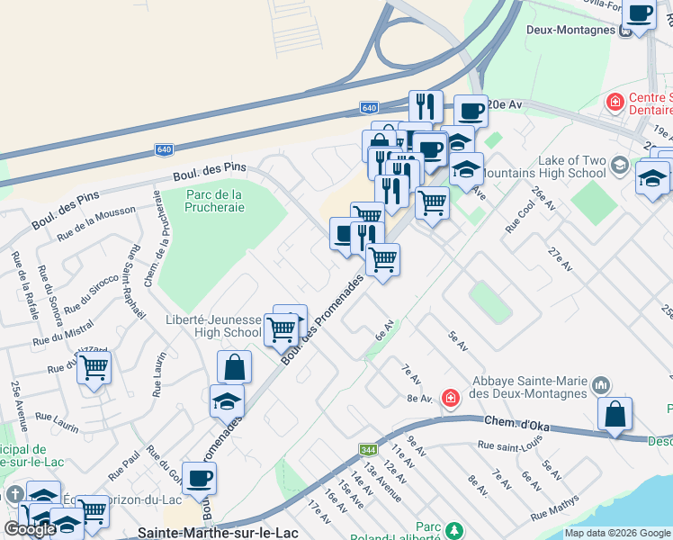 map of restaurants, bars, coffee shops, grocery stores, and more near 623 Rue des Bosquets in Sainte-Marthe-sur-le-Lac