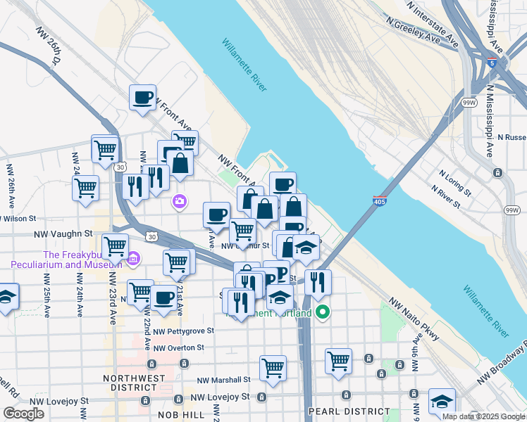 map of restaurants, bars, coffee shops, grocery stores, and more near 1830 Northwest Riverscape Street in Portland