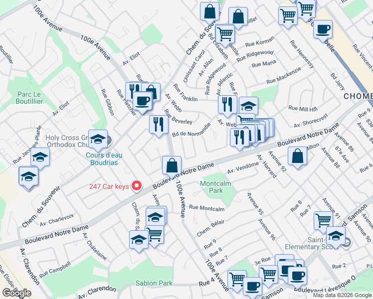 map of restaurants, bars, coffee shops, grocery stores, and more near 971 Avenue d'Alençon in Laval