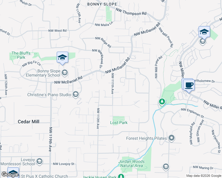 map of restaurants, bars, coffee shops, grocery stores, and more near 11160 Northwest Marylee Court in Portland
