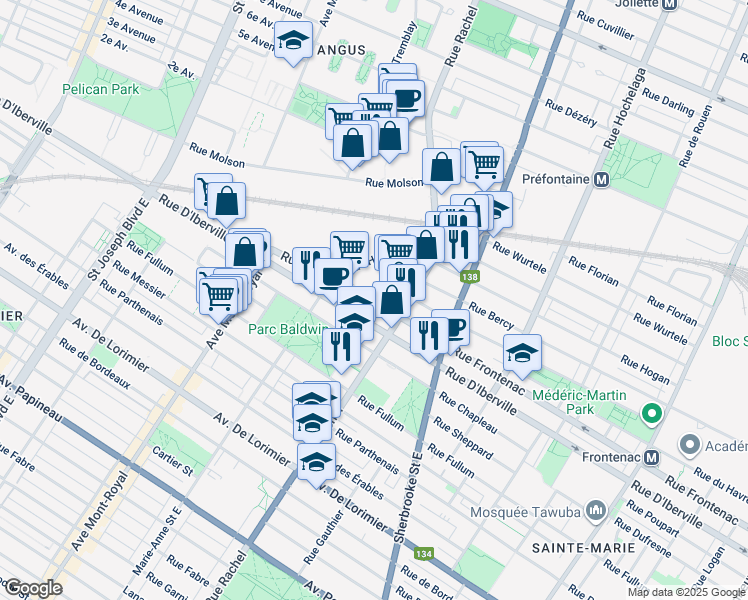 map of restaurants, bars, coffee shops, grocery stores, and more near 4265 Frontenac Street in Montreal