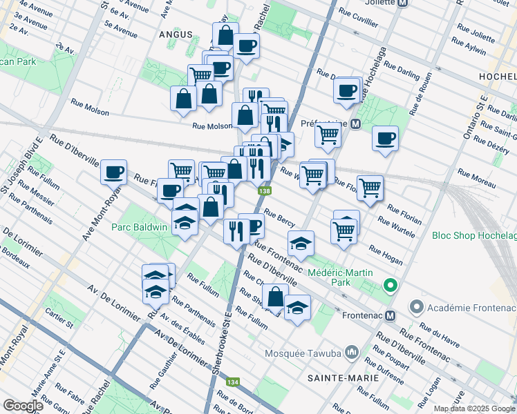 map of restaurants, bars, coffee shops, grocery stores, and more near Rue Bercy in Montréal