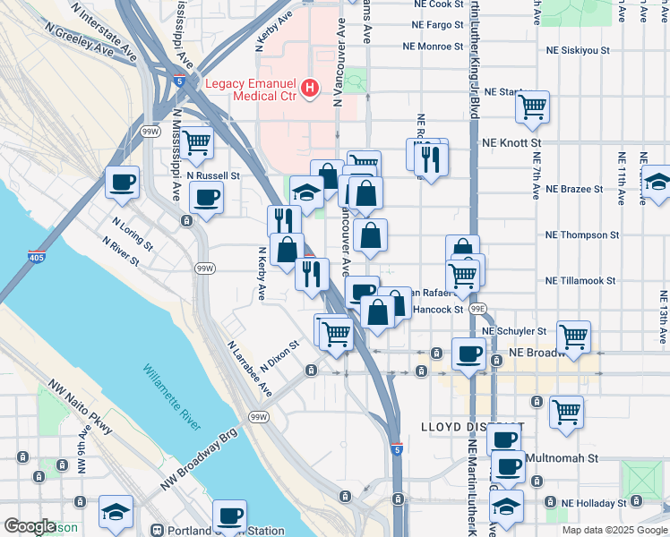 map of restaurants, bars, coffee shops, grocery stores, and more near 2124 North Flint Avenue in Portland