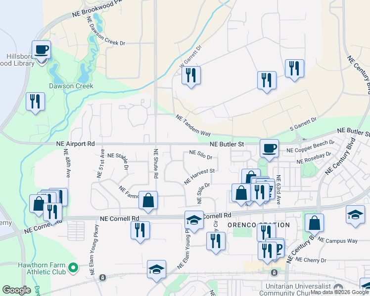 map of restaurants, bars, coffee shops, grocery stores, and more near 5701 Northeast Silo Drive in Hillsboro