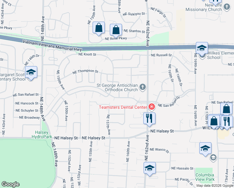 map of restaurants, bars, coffee shops, grocery stores, and more near 2013 Northeast 158th Place in Portland