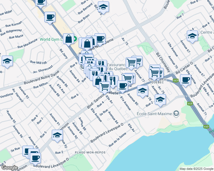 map of restaurants, bars, coffee shops, grocery stores, and more near 701 Boulevard du Curé-Labelle in Laval