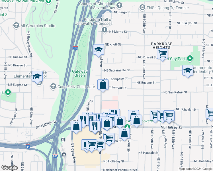 map of restaurants, bars, coffee shops, grocery stores, and more near 10222 Northeast Thompson Street in Portland
