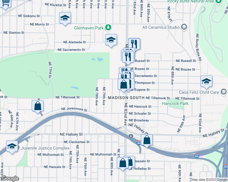 map of restaurants, bars, coffee shops, grocery stores, and more near 2223 Northeast 81st Avenue in Portland