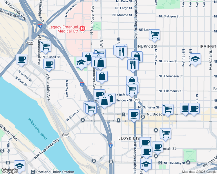 map of restaurants, bars, coffee shops, grocery stores, and more near 41 Northeast Tillamook Street in Portland
