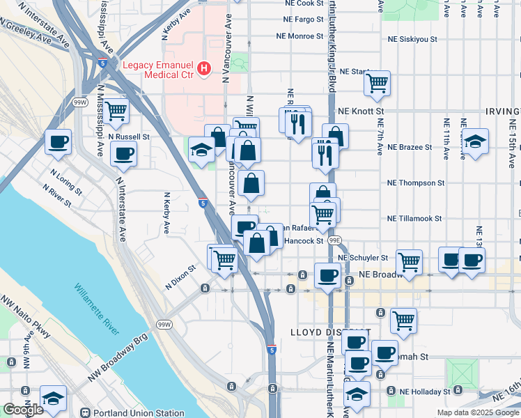 map of restaurants, bars, coffee shops, grocery stores, and more near 41 Northeast Tillamook Street in Portland