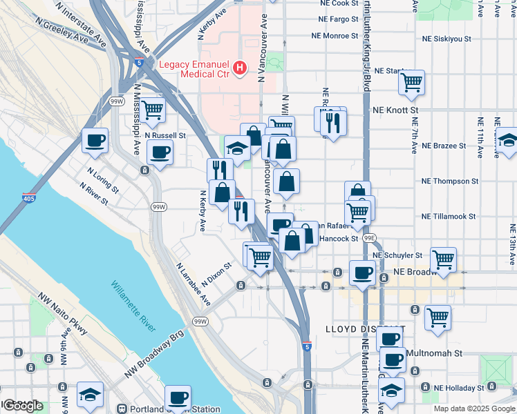 map of restaurants, bars, coffee shops, grocery stores, and more near 2124 North Flint Avenue in Portland