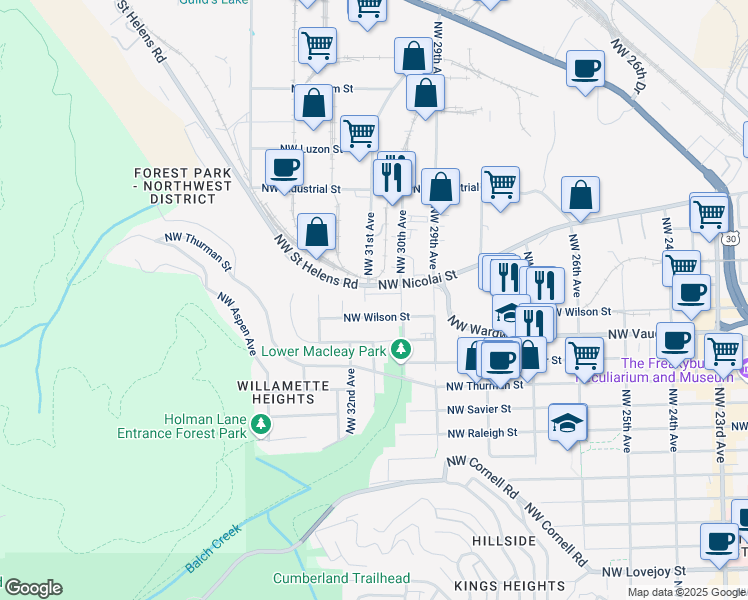 map of restaurants, bars, coffee shops, grocery stores, and more near 3044 Northwest Nicolai Street in Portland