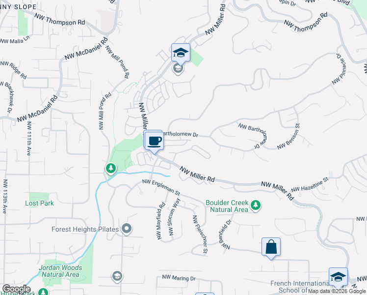 map of restaurants, bars, coffee shops, grocery stores, and more near 9619 Northwest Silver Ridge Loop in Portland