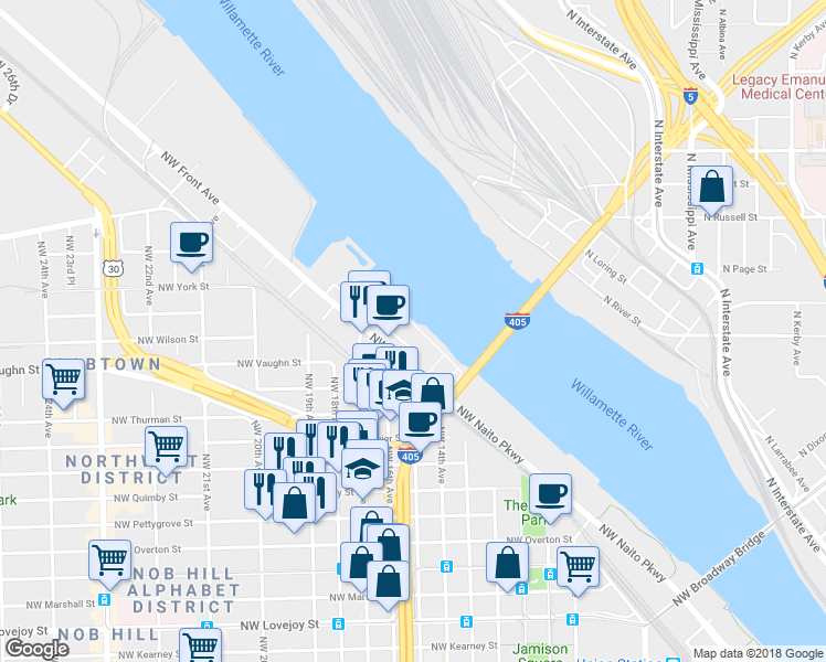 map of restaurants, bars, coffee shops, grocery stores, and more near 1604 Northwest Riverscape Street in Portland