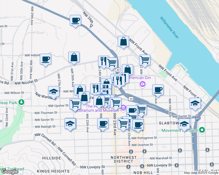 map of restaurants, bars, coffee shops, grocery stores, and more near 2303 Northwest 24th Avenue in Portland