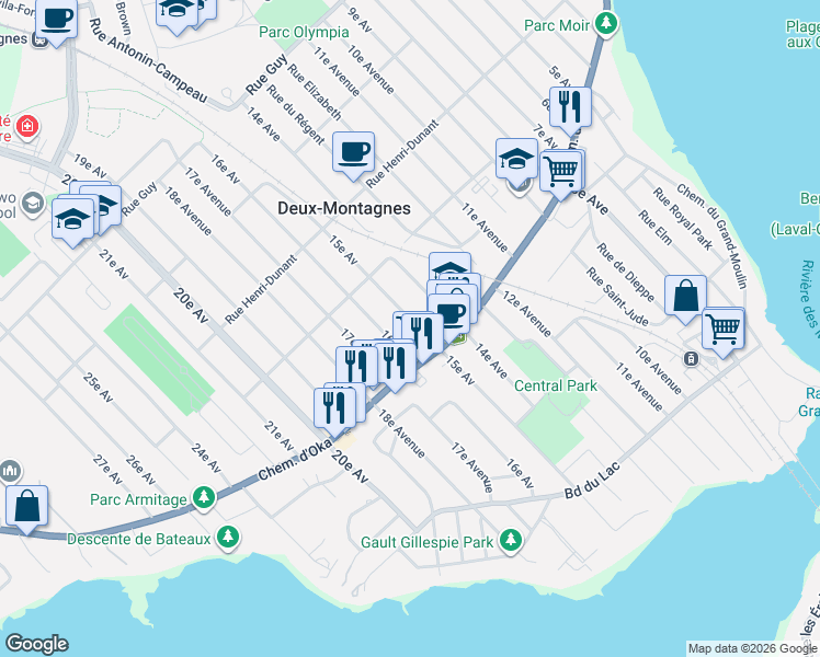 map of restaurants, bars, coffee shops, grocery stores, and more near 214 15e Avenue in Deux-Montagnes