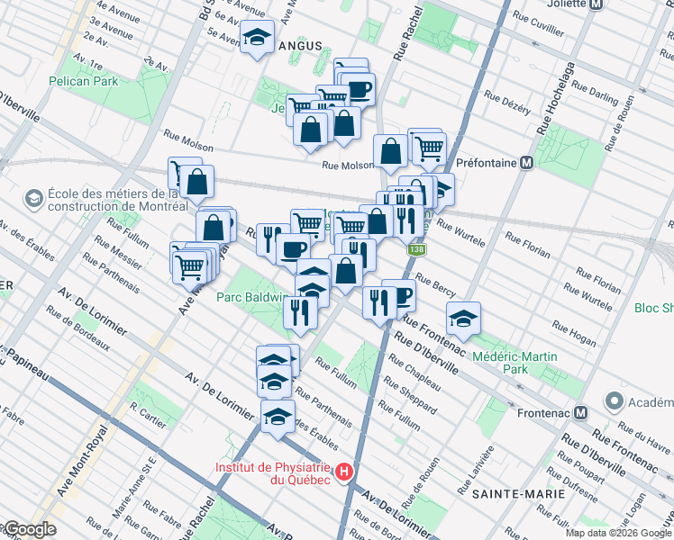 map of restaurants, bars, coffee shops, grocery stores, and more near 4247 Rue Frontenac in Montreal