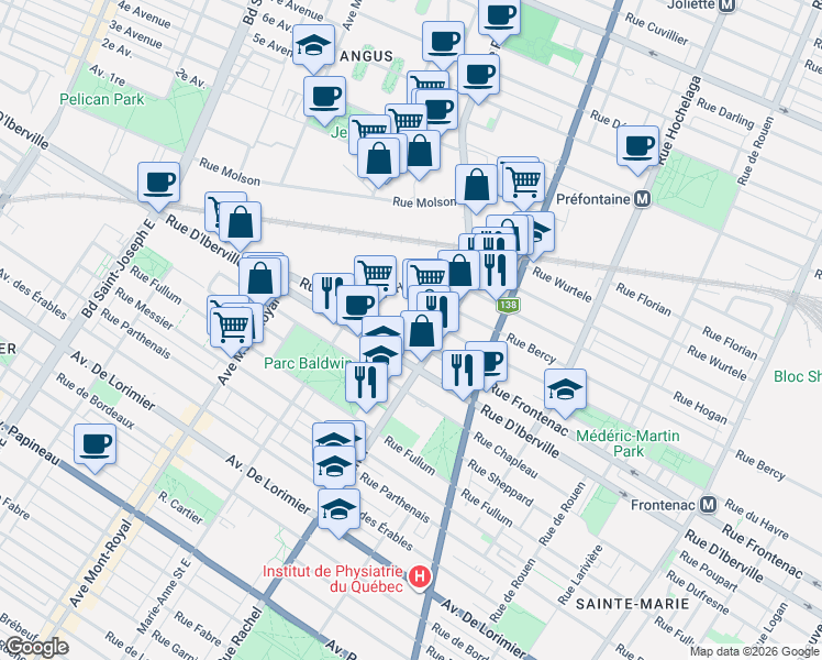 map of restaurants, bars, coffee shops, grocery stores, and more near 4247 Rue Frontenac in Montréal