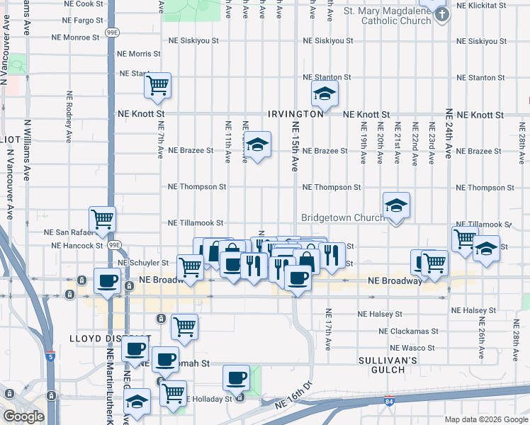 map of restaurants, bars, coffee shops, grocery stores, and more near 2126 Northeast 13th Avenue in Portland