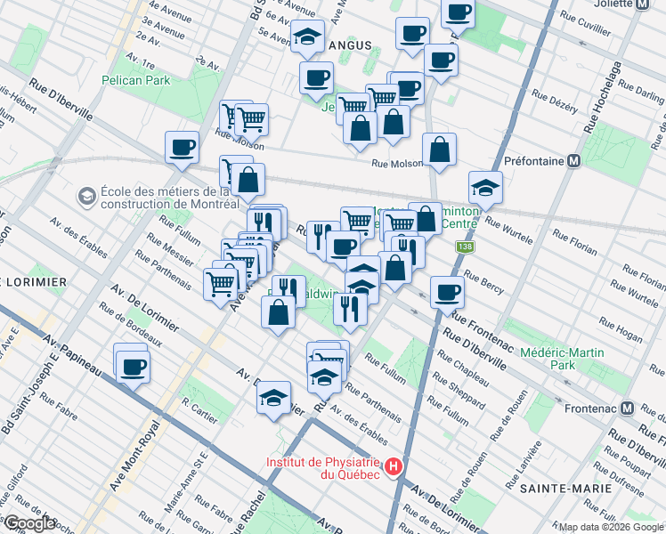 map of restaurants, bars, coffee shops, grocery stores, and more near 2484 Rue Marie-Anne in Montréal