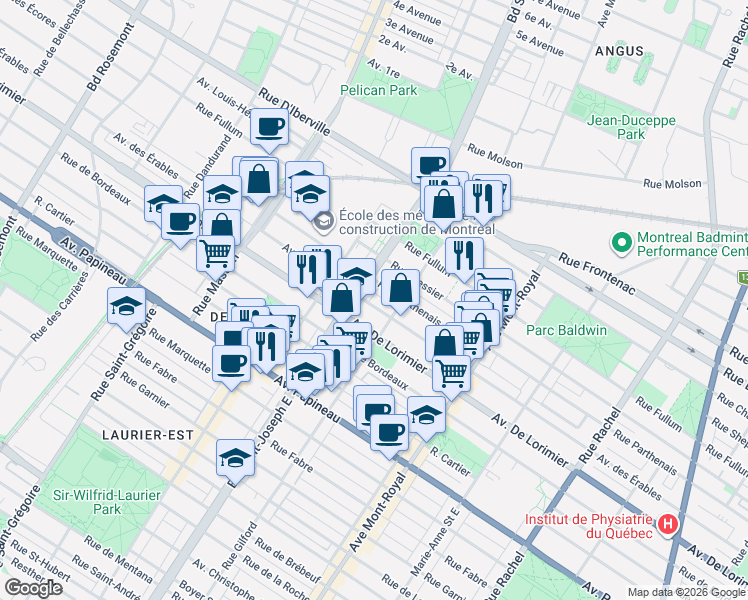 map of restaurants, bars, coffee shops, grocery stores, and more near 4851 Avenue des Érables in Montréal