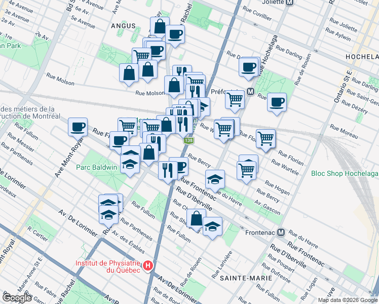 map of restaurants, bars, coffee shops, grocery stores, and more near 2714 Rue Sherbrooke Est in Montréal